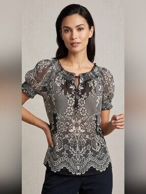 Forbidden Los Angeles Women's Sheer Floral Top w/Tie Front Smocking Size Medium